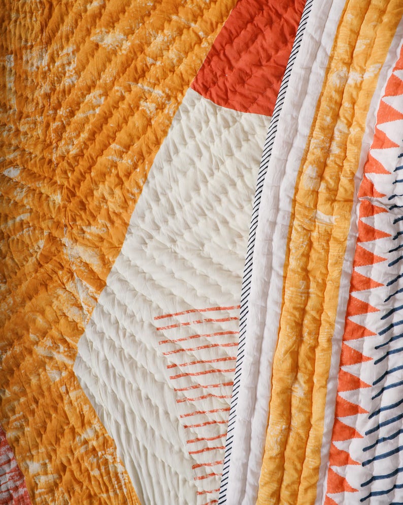 Handmade Cotton Gauze Quilt: Reversible Block Print Bedspread