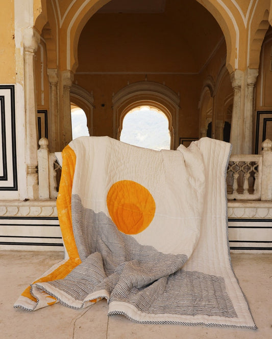 Hand-Block Print Cotton Quilt: Reversible Sun/Moon Kantha Bedspread