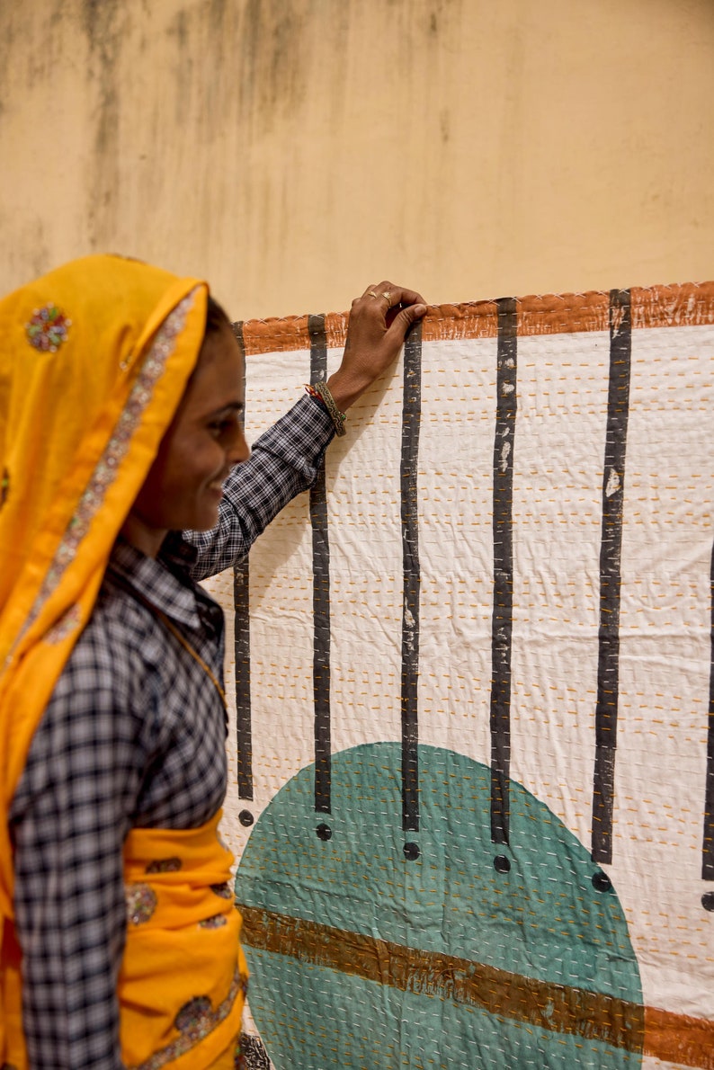 Hand-Stitched Kantha Throw Blanket: Block Print Cotton Quilt