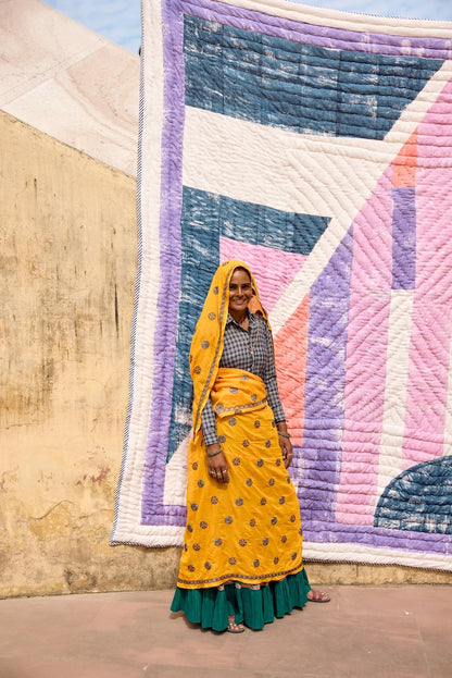 Hand-Block Printed Cotton Quilt: Reversible Kantha-Stitched Bedspread with Shams