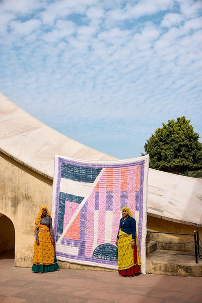 Hand-Block Printed Cotton Quilt: Reversible Kantha-Stitched Bedspread with Shams