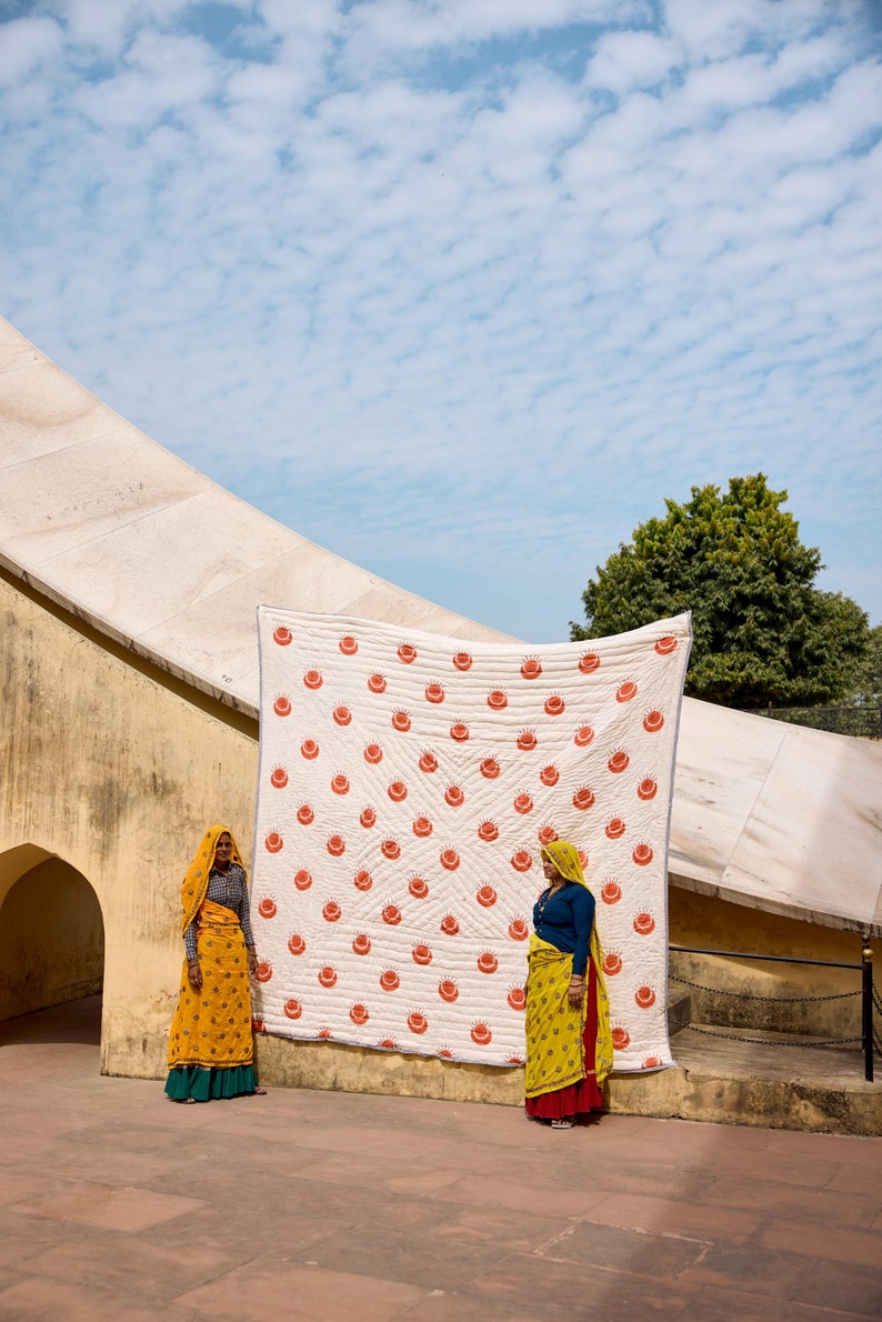 Hand-Stitched Kantha Quilt Set: Reversible Block-Printed Cotton Bedding