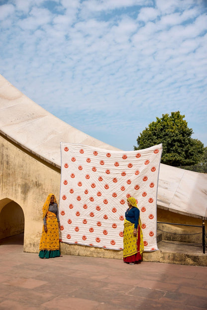 Hand-Stitched Kantha Quilt Set: Reversible Block-Printed Cotton Bedding