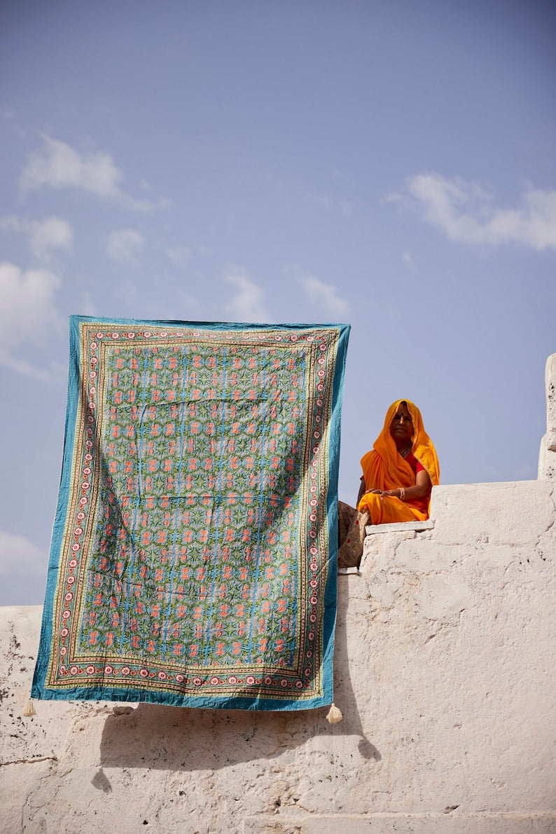 Hand-Stitched Kantha Throw Blanket: Blue Lotus Floral, Indian Cotton
