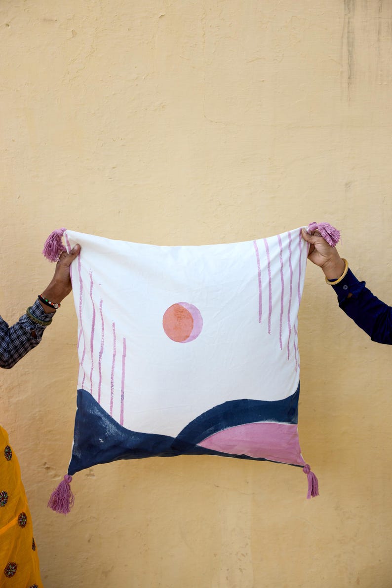 Handmade Reversible Quilt: Block Print Cotton Bedding, Purple Mountain Moon & Blue Star Design, Indian Kantha, Twin, Queen, and King Sizes