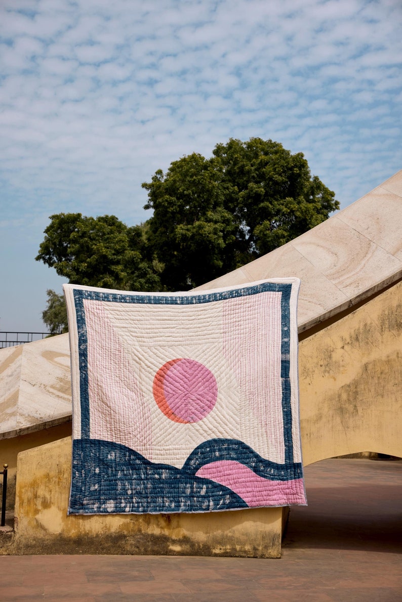 Handmade Cotton Quilt: Reversible Block Print, Blue Star Design, Indian Kantha Bedspread, Available in Twin, Queen, and King Sizes