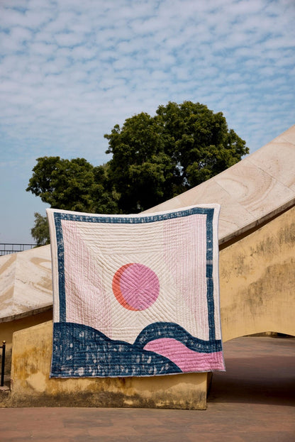 Handmade Cotton Quilt: Reversible Block Print, Blue Star Design, Indian Kantha Bedspread, Available in Twin, Queen, and King Sizes