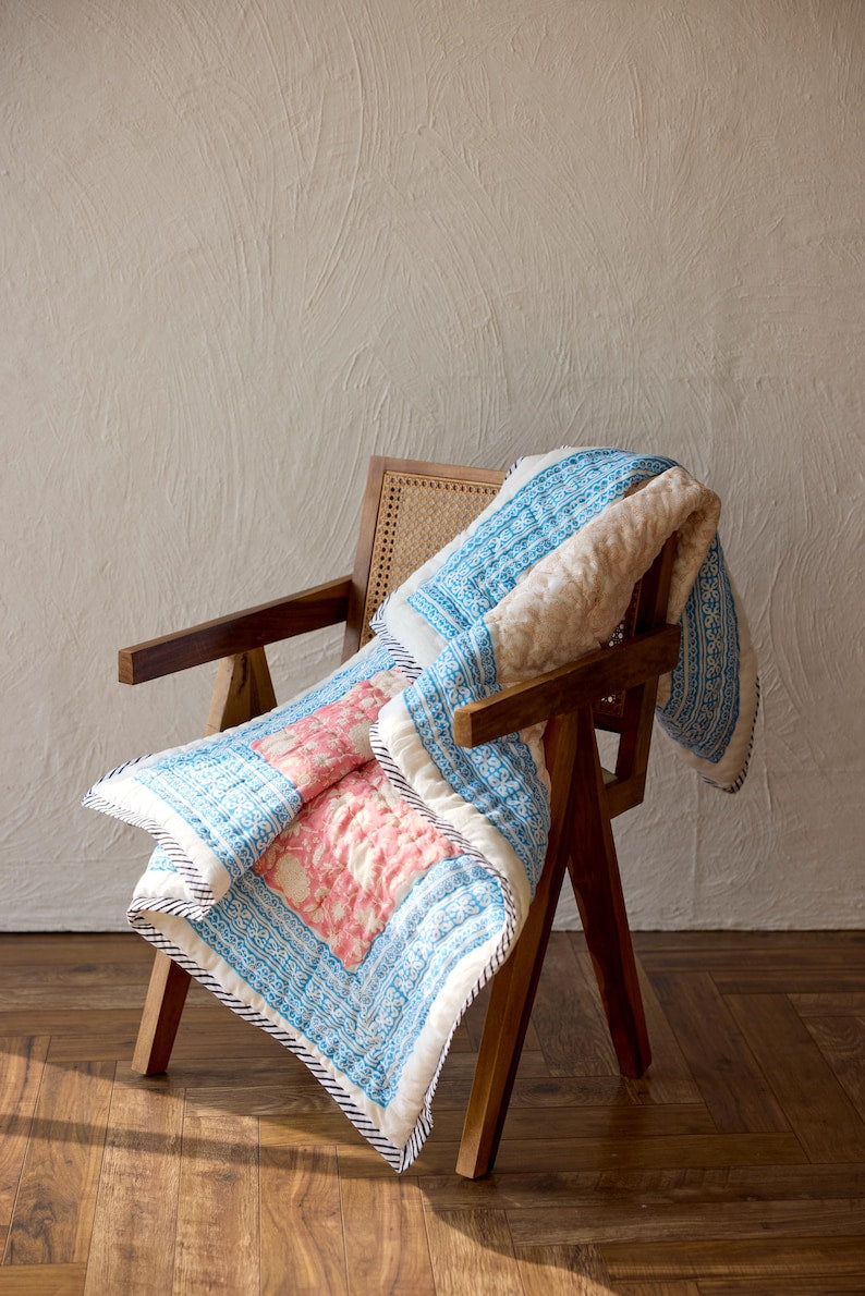 Handmade Baby Quilt: Personalized Cotton Kantha, Hand-Block Print