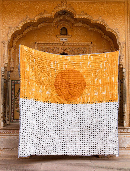 Handmade Block Printed Cotton Quilt: Reversible Kantha Bedspread