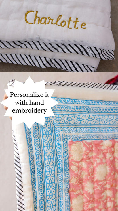 Handmade Baby Quilt: Personalized Cotton Kantha, Hand-Block Print