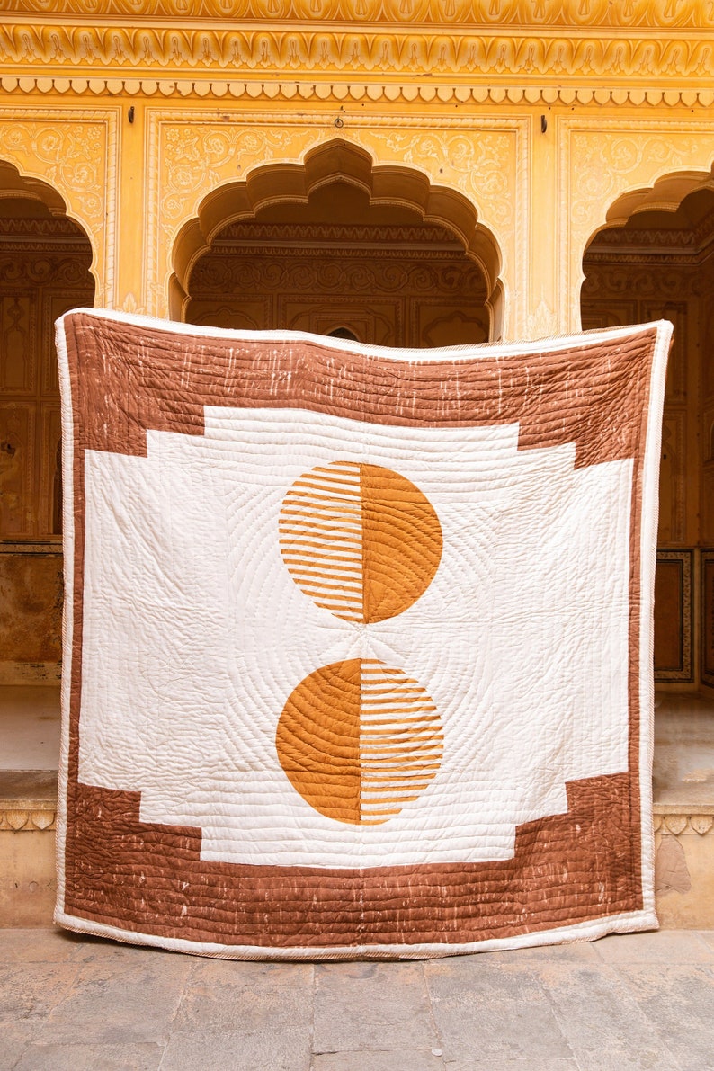 Handmade Block Printed Cotton Quilt Set: Reversible Geometric Bedspread