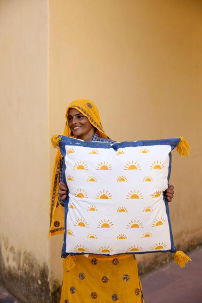 Hand-Block Printed Cotton King Quilt: Reversible Yellow Sun Bedspread