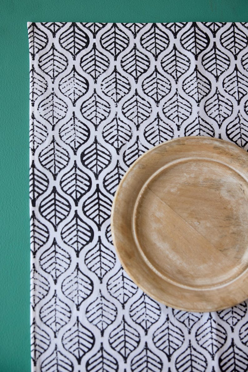 Hand-Printed Cotton Placemat Set: Kantha-Stitched Leaf Design