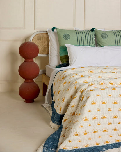Hand-Block Printed Cotton King Quilt: Reversible Yellow Sun Bedspread