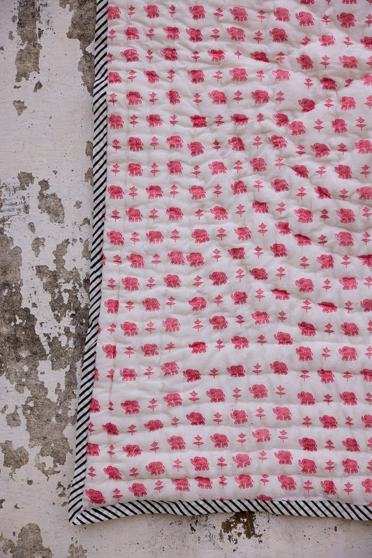 Hand-Block Printed Baby Quilt: Pink Elephants, Personalized Name, Cotton Kantha