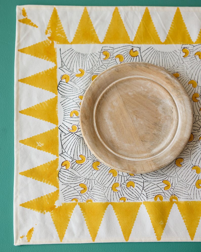 Koloman Moser Placemat Set: Hand-Printed Cotton Table Linens with Kantha Stitching