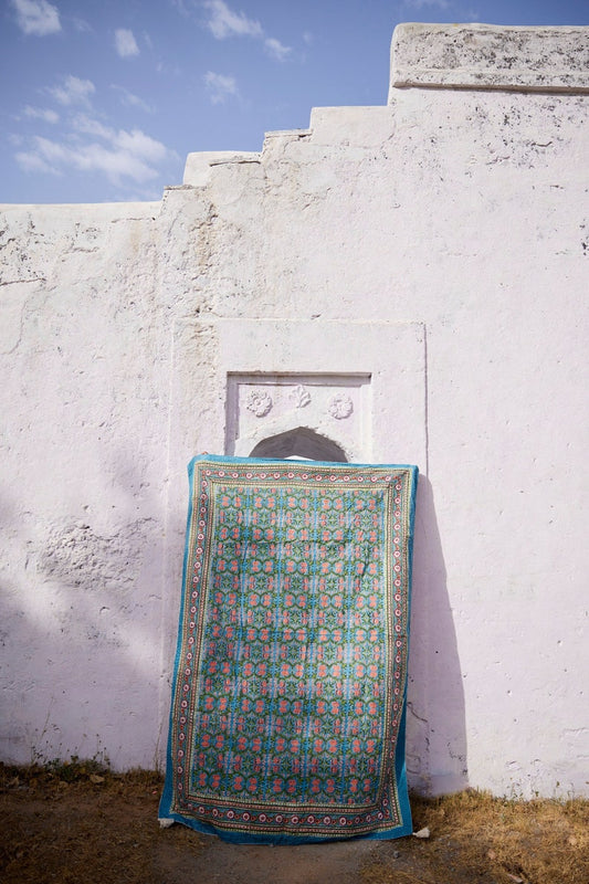 Hand-Stitched Kantha Throw Blanket: Blue Lotus Floral, Indian Cotton