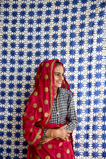 Handmade Cotton Quilt: Reversible Block Print, Blue Star Design, Indian Kantha Bedspread, Available in Twin, Queen, and King Sizes