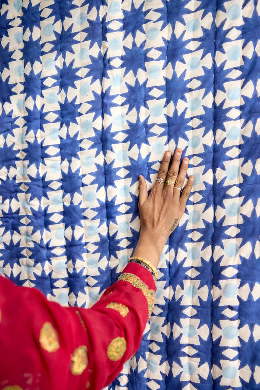 Handmade Cotton Quilt: Reversible Block Print, Blue Star Design, Indian Kantha Bedspread, Available in Twin, Queen, and King Sizes