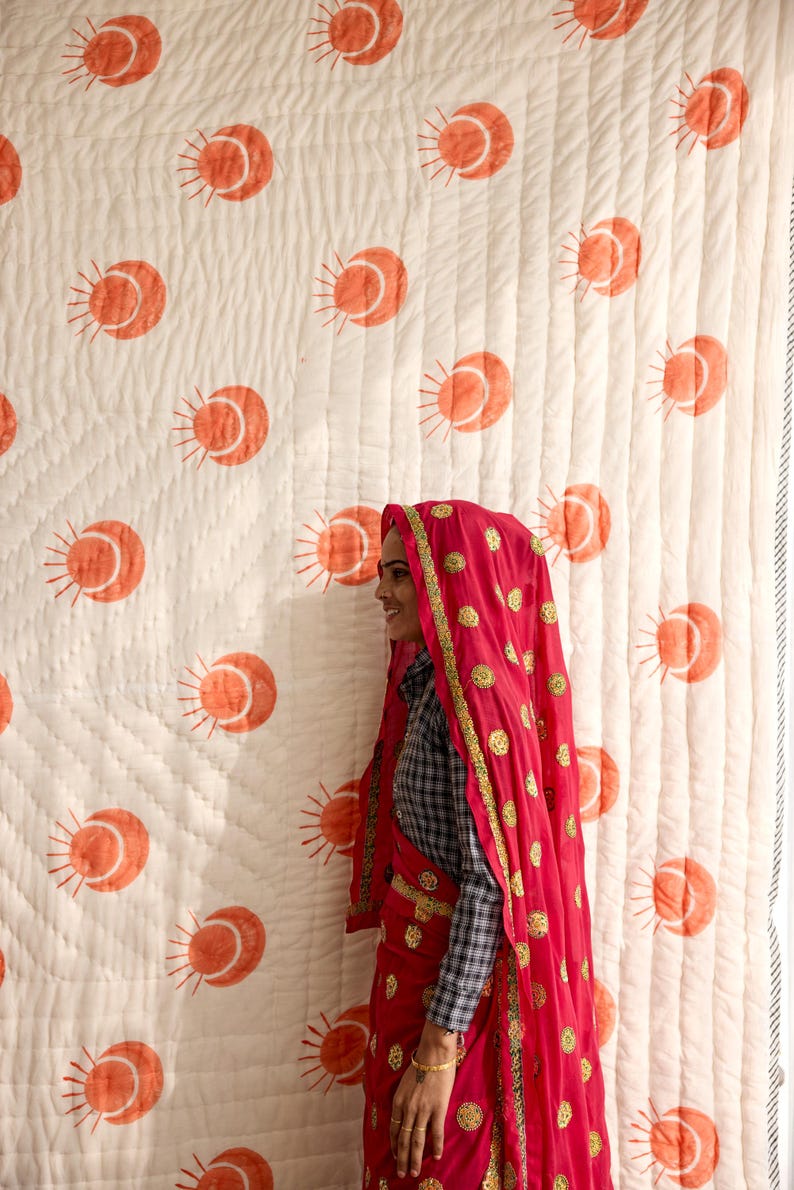 Hand-Block Printed Cotton Quilt Set: King/Queen Bedspread with Kantha Stitch