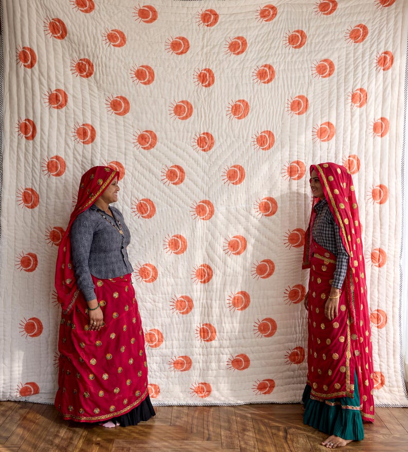 Hand-Stitched Kantha Quilt Set: Reversible Block-Printed Cotton Bedding