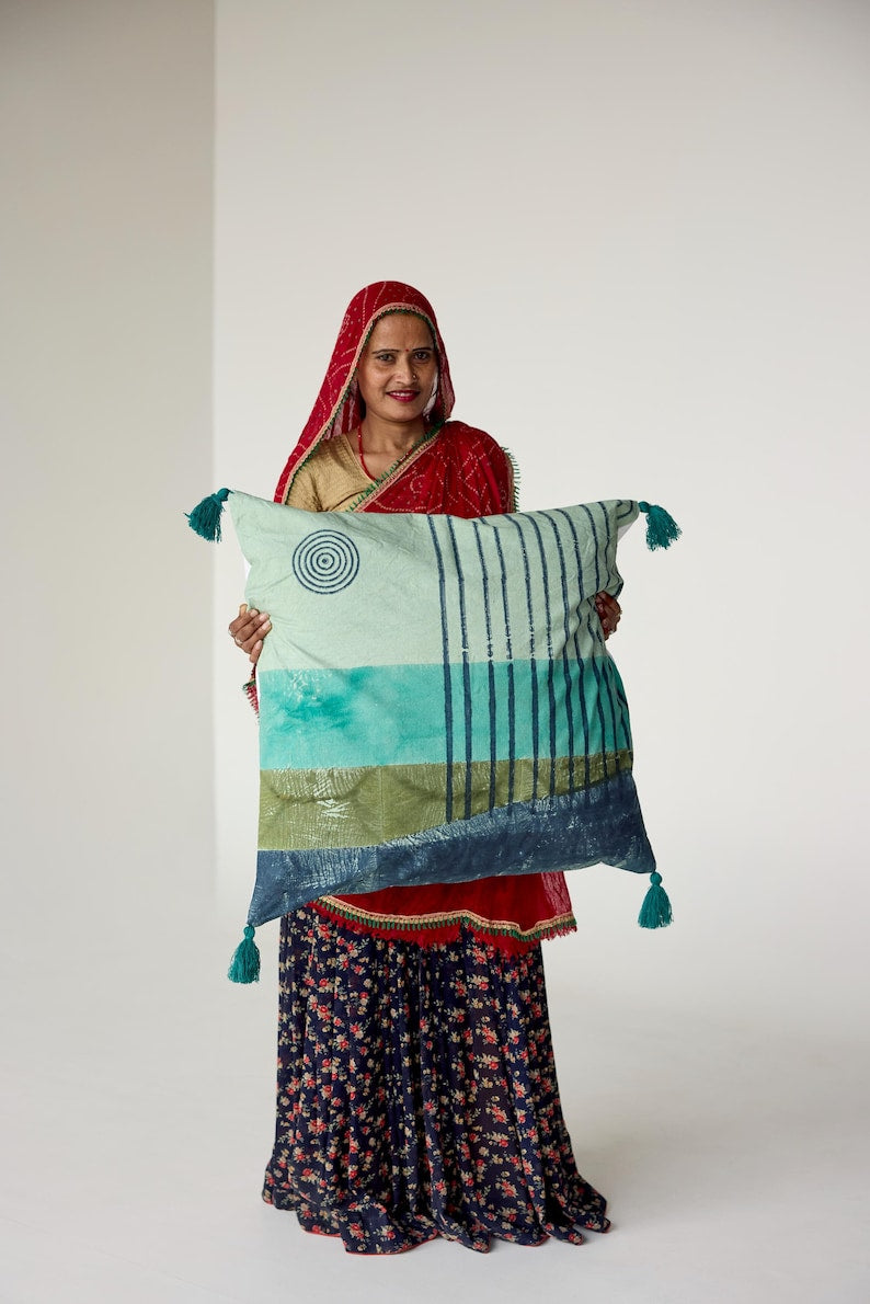 Hand-Block Printed Reversible Duvet Cover: Sun & Ocean Design - Queen/King