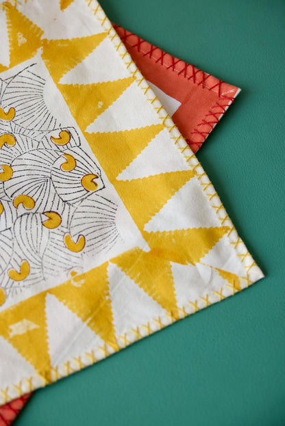 Koloman Moser Placemat Set: Hand-Printed Cotton Table Linens with Kantha Stitching