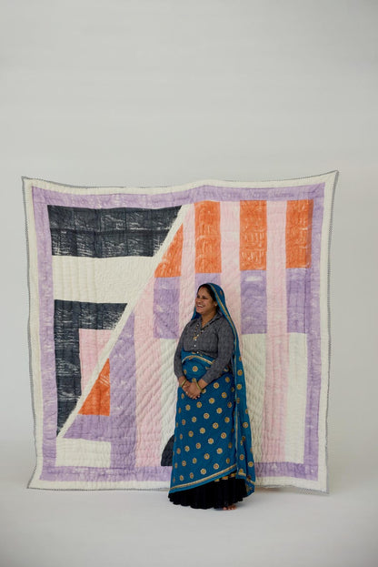 Hand-Block Printed Cotton Quilt Set: King/Queen Bedspread with Kantha Stitch