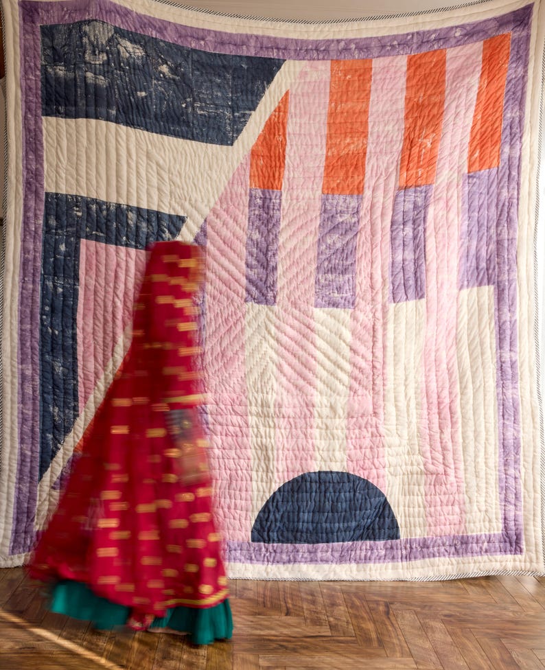 Hand-Block Printed Cotton Quilt: Reversible Kantha-Stitched Bedspread with Shams