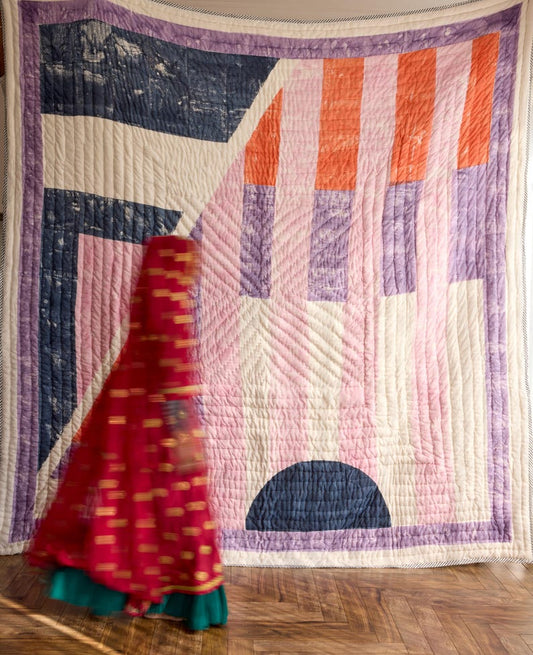 Hand-Block Printed Cotton Quilt: Reversible Kantha-Stitched Bedspread with Shams