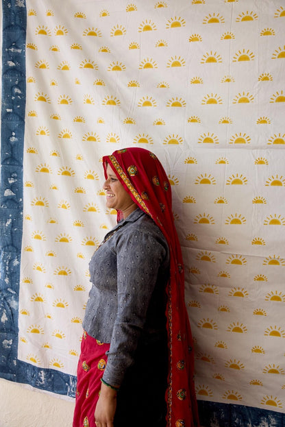 Hand-Block Printed Cotton Duvet Cover: Boho Sun, Reversible Design