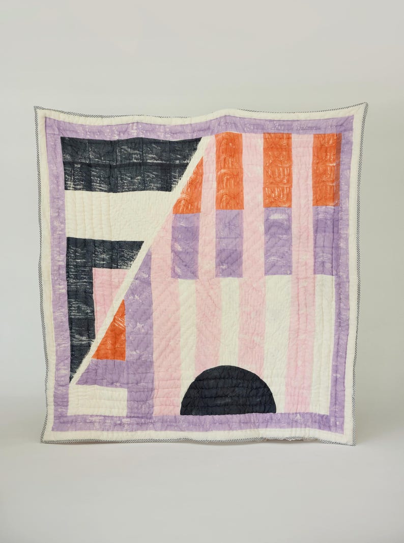 Hand-Block Printed Cotton Quilt: Reversible Kantha-Stitched Bedspread with Shams