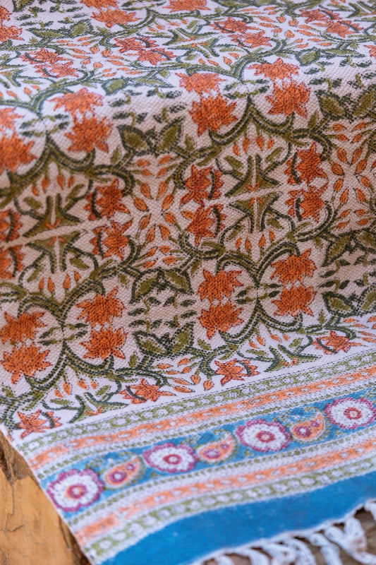 Block Printed Cotton Dhurrie Rug: Turquoise Lotus Design