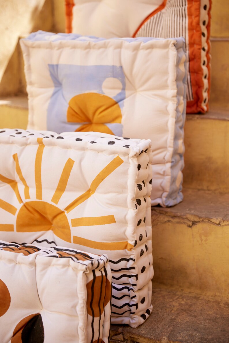 Reversible Block Printed Floor Pillow: Indian Handmade Cotton Cushion