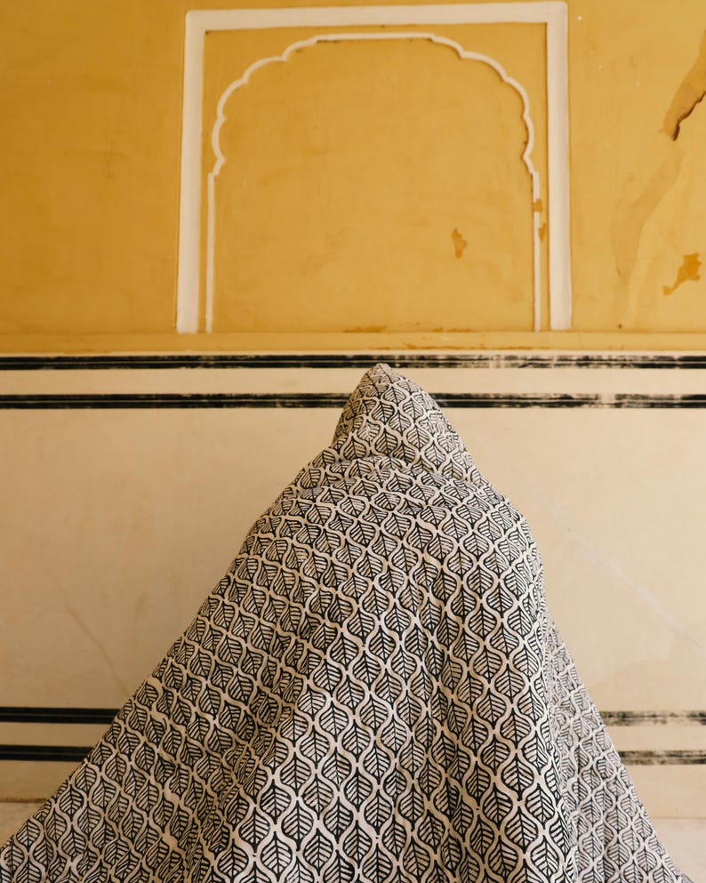 Handmade Block-Printed Cotton Quilt: Koloman Moser Design, Reversible Bedspread