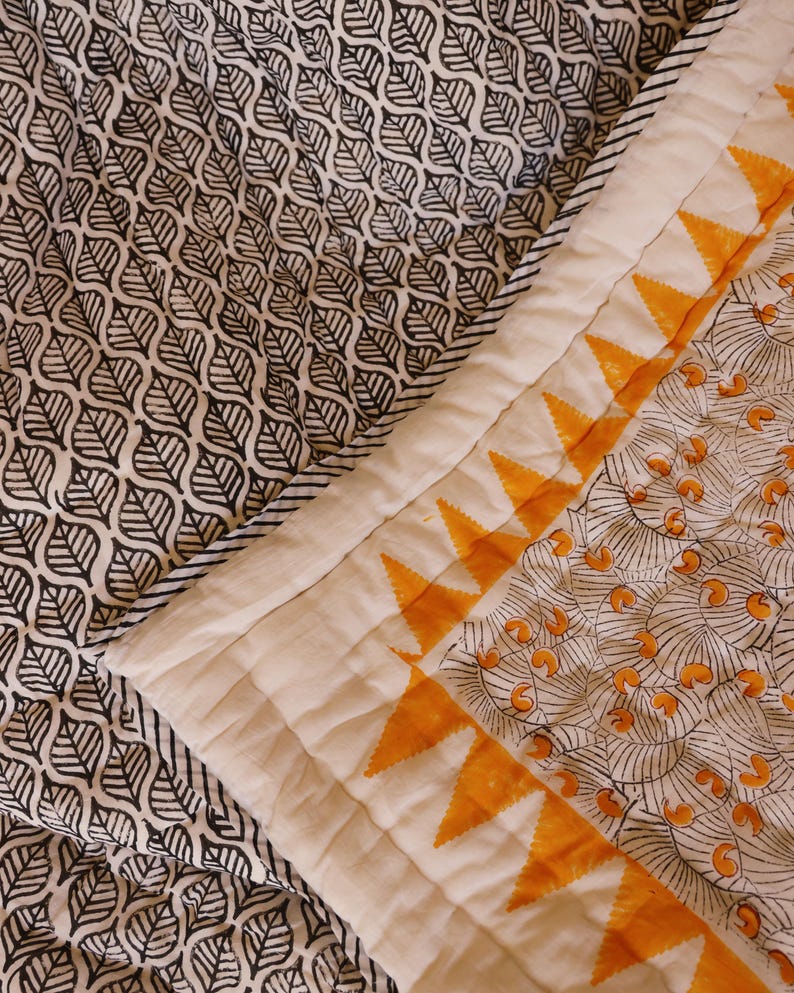 Handmade Block-Printed Cotton Quilt: Koloman Moser Design, Reversible Bedspread