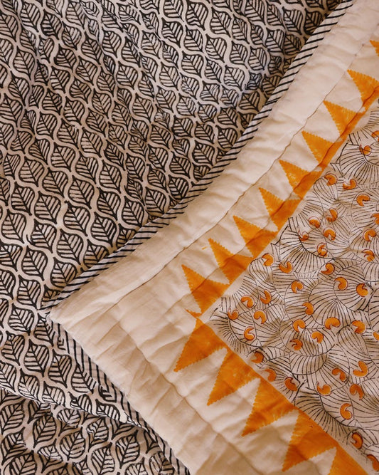 Handmade Block-Printed Cotton Quilt: Koloman Moser Design, Reversible Bedspread