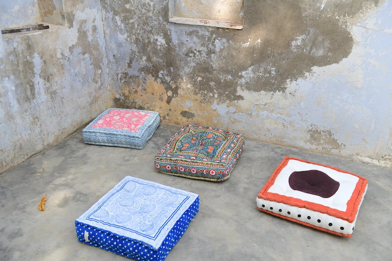 Pink Floral Floor Cushion: Hand-Block Printed Indian Cotton Pillow