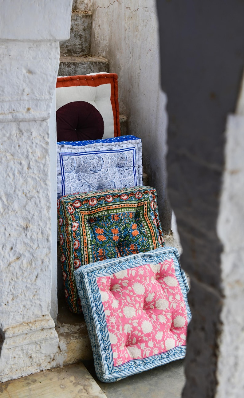Pink Floral Floor Cushion: Hand-Block Printed Indian Cotton Pillow