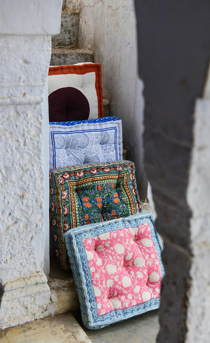 Pink Floral Floor Cushion: Hand-Block Printed Indian Cotton Pillow