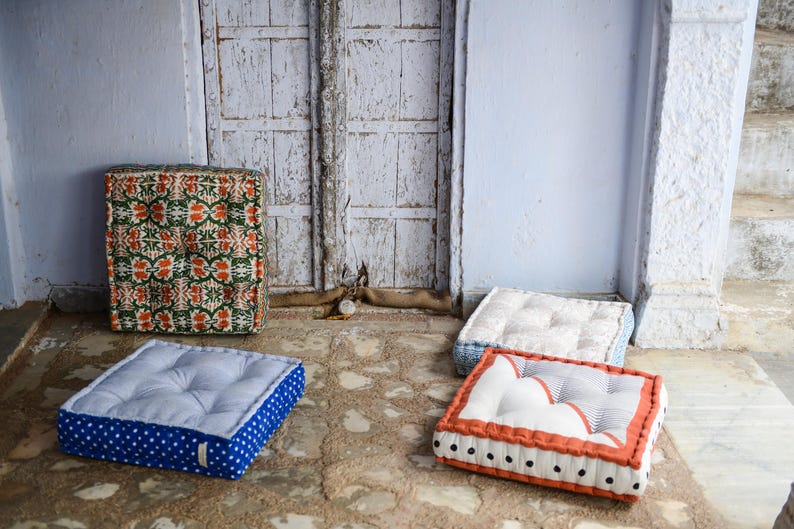 Pink Floral Floor Cushion: Hand-Block Printed Indian Cotton Pillow