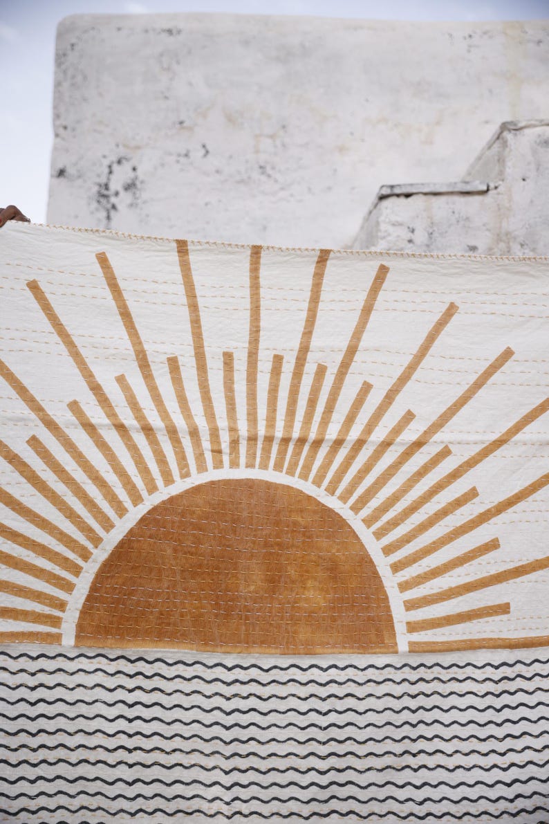 Hand-Block Printed Linen Kantha Throw Blanket: Rising Sun Design