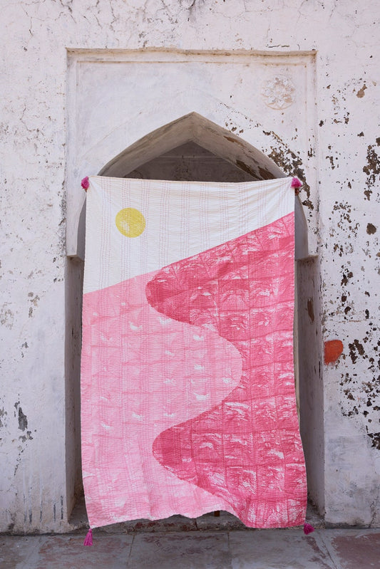 Hand-Stitched Kantha Throw Blanket: Block Printed Cotton Boho Decor