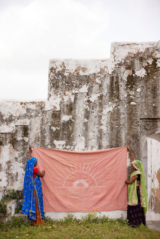 Hand-Stitched Kantha Throw Blanket: Block Printed Boho Cotton Throw