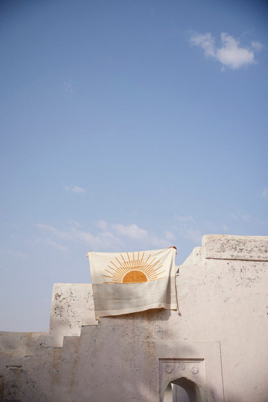 Hand-Block Printed Linen Kantha Throw Blanket: Rising Sun Design