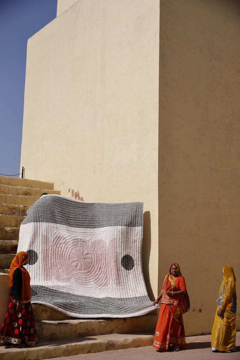 Handmade Queen Quilt: Block Printed Cotton Kantha Bedspread