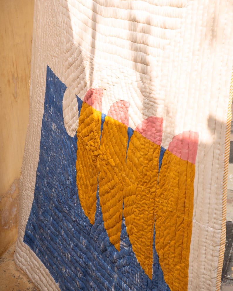 Handmade Boho Quilt: Gauze Cotton, Hand Block Printed Sunset Design