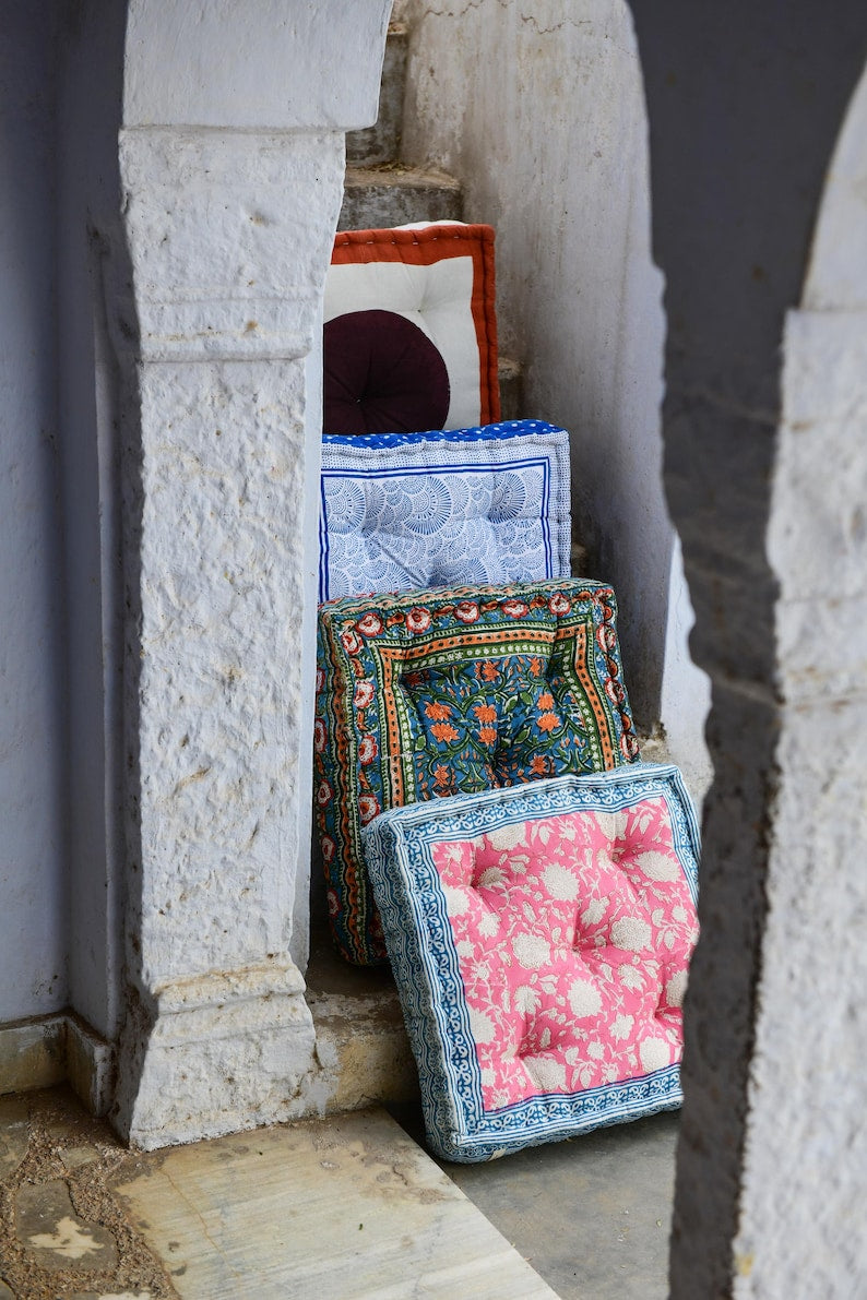 Pink Floral Floor Cushion: Hand-Block Printed Indian Cotton Pillow