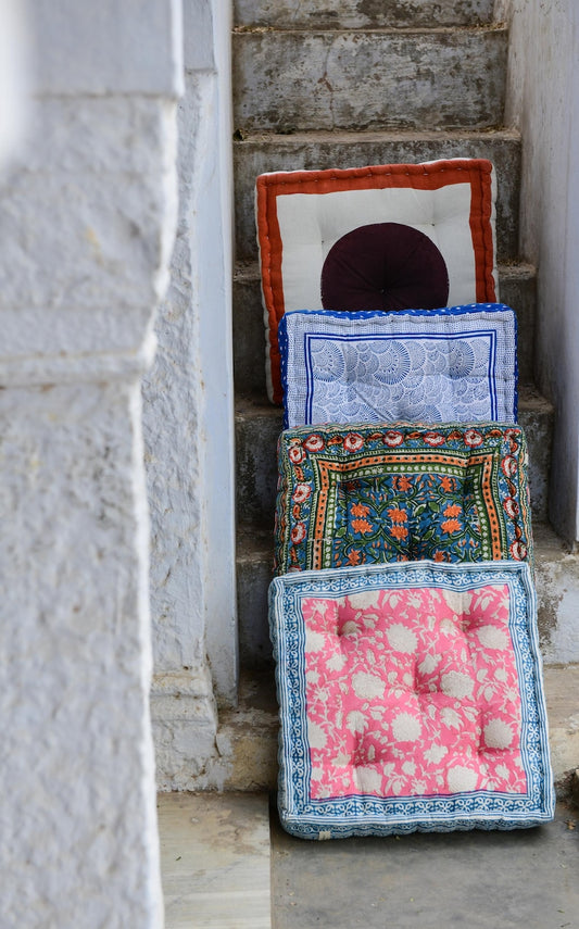 Pink Floral Floor Cushion: Hand-Block Printed Indian Cotton Pillow