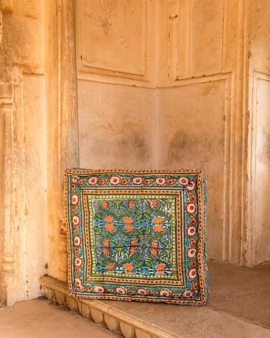 Block Printed Cotton Floor Cushion: Tufted Japanese Seating Pillow